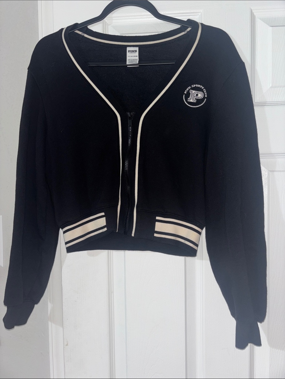 PINK Victoria's Secret Black Cropped Zip-Up Varsity Jacket with Cream Trim